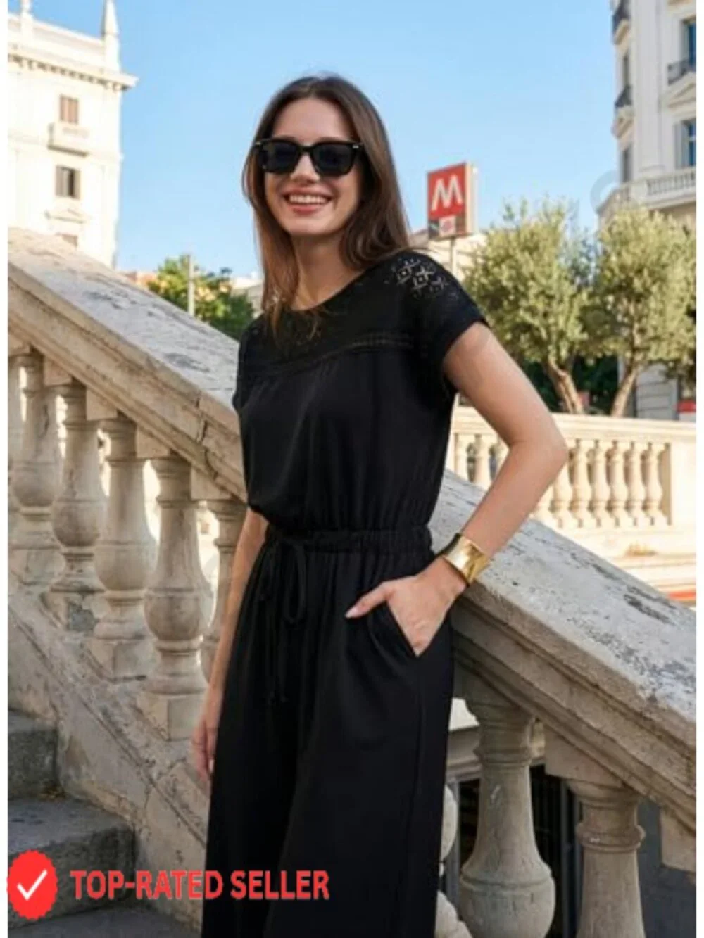 Dressy Casual Wide Leg Jumpsuit with Pockets, Short Sleeve, Polyester Blend